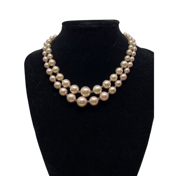 Unbranded Jewelry - Heritage 50s Faux Pearl w/ Clear Divide Beads Necklace Double Strand 15" Grandma